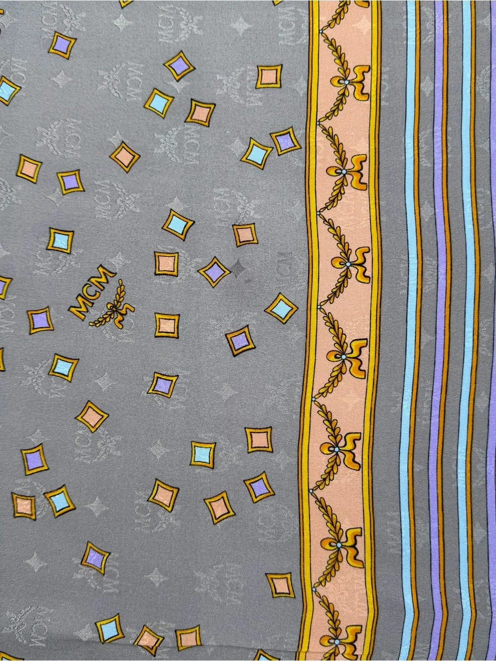 MCM Monogram Silk Scarf Gray Pink Yellow Logo Square Luxury Designer